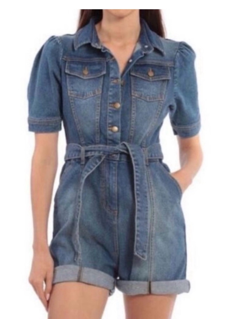 Avec Les Filles Blue Denim Short Romper with Tie Belt